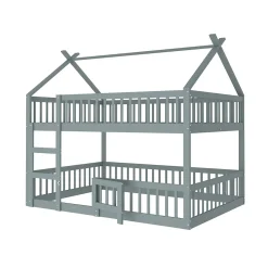 Lit superposé 140x200 cm gris bois massif, style loft, escalier, pratique et sécurisé pour enfants et familles