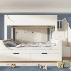 Lit Superposé 140x200 cm, Lit Enfant avec Échelle et Rangement Tiroirs, Bois Massif et MDF, Blanc