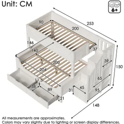 Lit Superposé 140x200 cm, Lit Enfant avec Échelle et Rangement Tiroirs, Bois Massif et MDF, Blanc