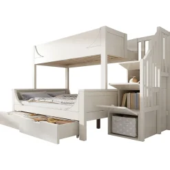 Lit Superposé 140x200 cm, Lit Enfant avec Échelle et Rangement Tiroirs, Bois Massif et MDF, Blanc