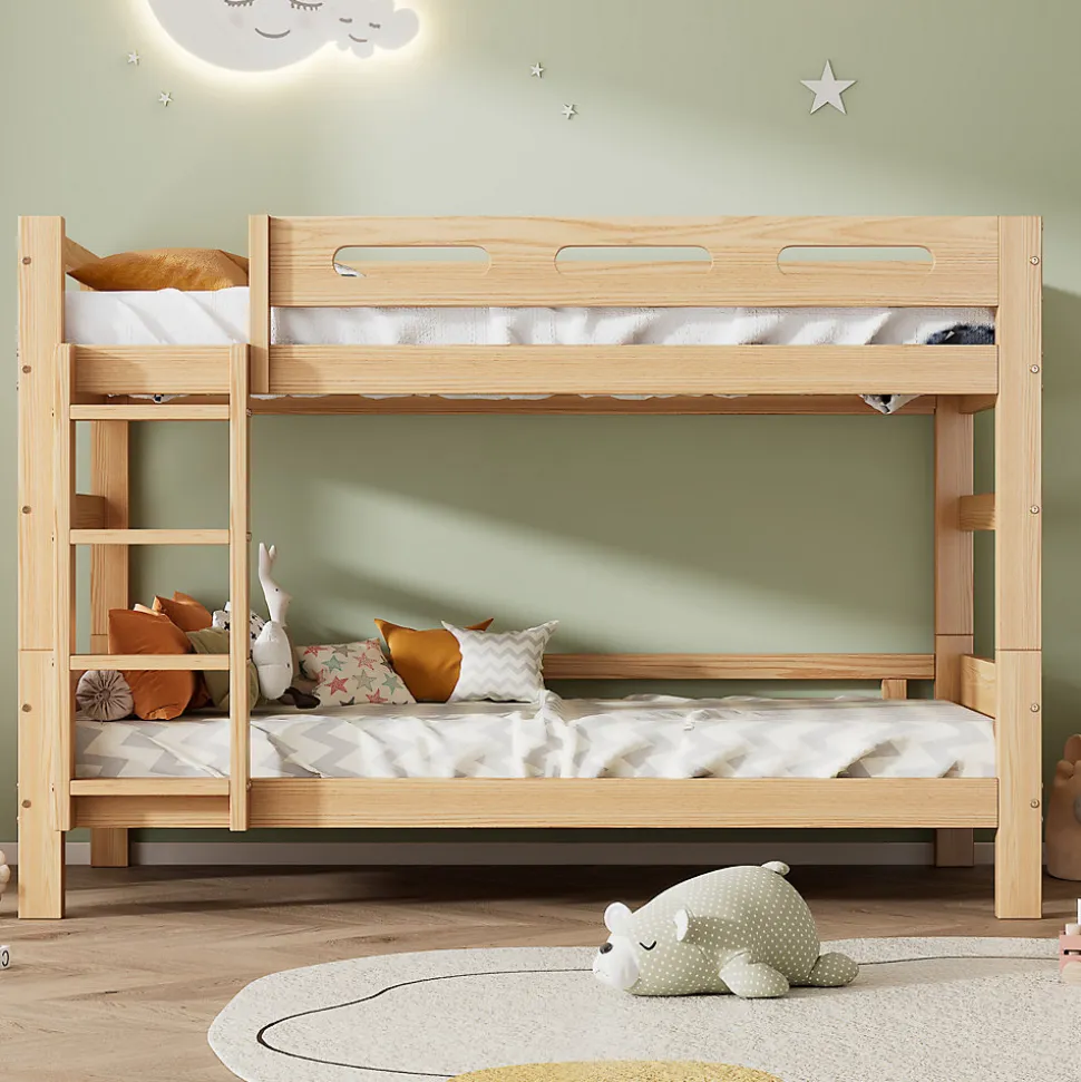 Lit superposé 90x200 cm naturel, 2 couchages, séparable en lits simples, cadre pin stable, sommier à lattes, montage facile