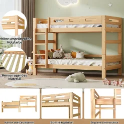 Lit superposé 90x200 cm naturel, 2 couchages, séparable en lits simples, cadre pin stable, sommier à lattes, montage facile
