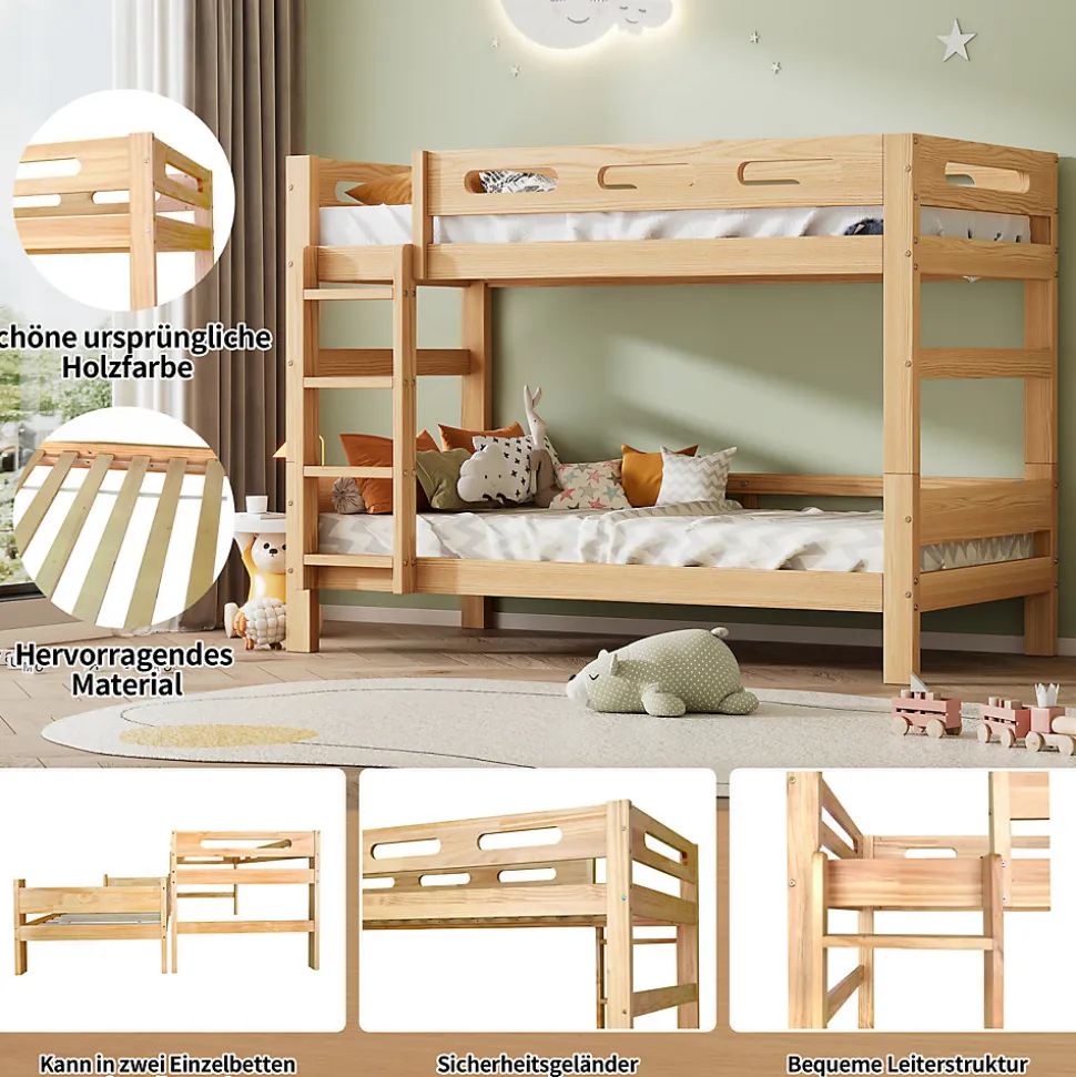 Lit superposé 90x200 cm naturel, 2 couchages, séparable en lits simples, cadre pin stable, sommier à lattes, montage facile