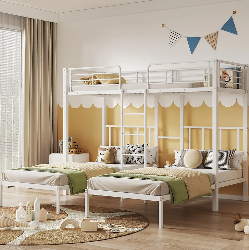 Lit superposé 90x200 cm pour 3 personnes avec échelle intégrée et tablette tête de lit, structure métal blanc