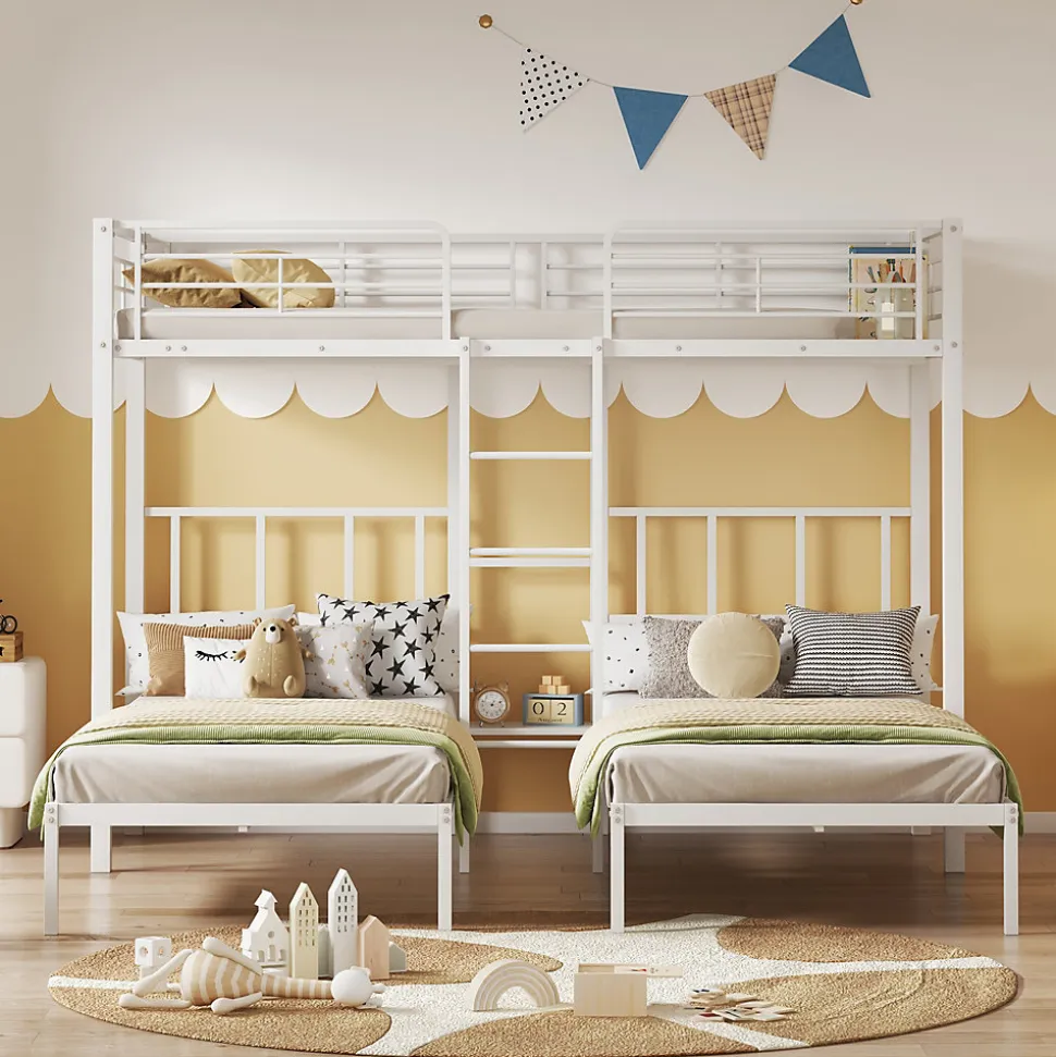 Lit superposé 90x200 cm pour 3 personnes avec échelle intégrée et tablette tête de lit, structure métal blanc