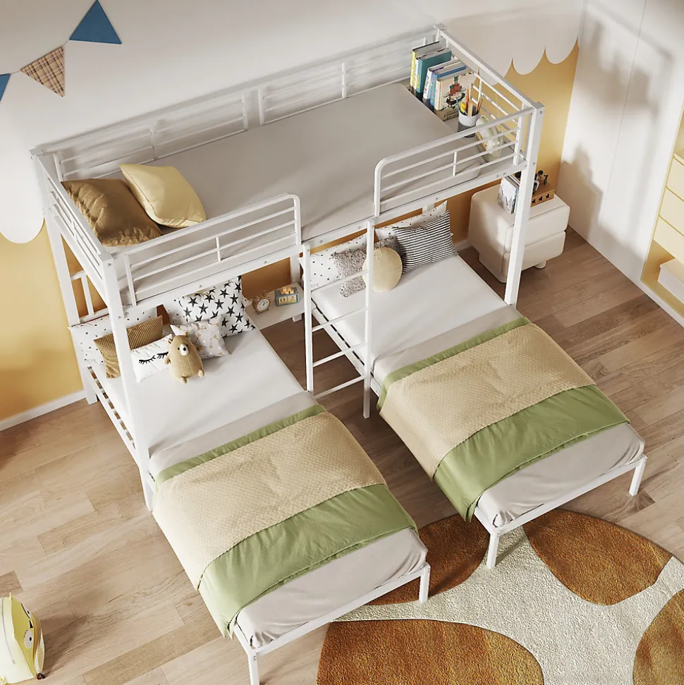 Lit superposé 90x200 cm pour 3 personnes avec échelle intégrée et tablette tête de lit, structure métal blanc