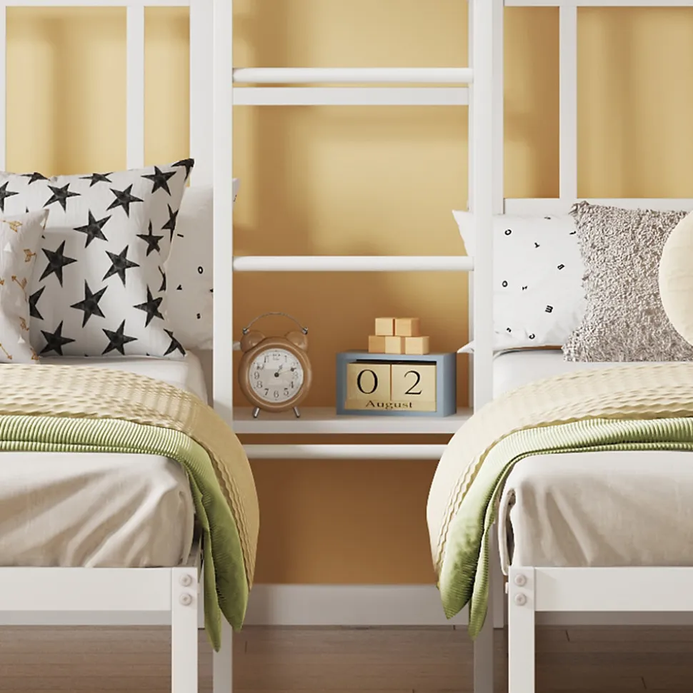 Lit superposé 90x200 cm pour 3 personnes avec échelle intégrée et tablette tête de lit, structure métal blanc