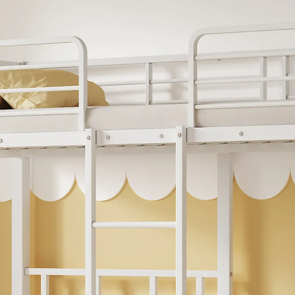 Lit superposé 90x200 cm pour 3 personnes avec échelle intégrée et tablette tête de lit, structure métal blanc