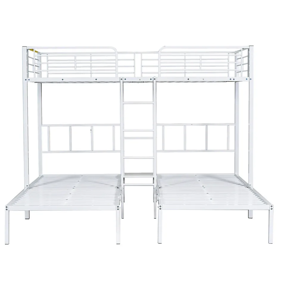 Lit superposé 90x200 cm pour 3 personnes avec échelle intégrée et tablette tête de lit, structure métal blanc