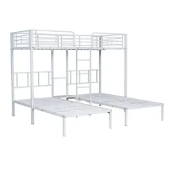 Lit superposé 90x200 cm pour 3 personnes avec échelle intégrée et tablette tête de lit, structure métal blanc
