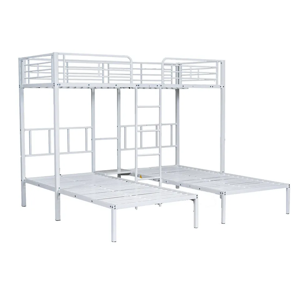 Lit superposé 90x200 cm pour 3 personnes avec échelle intégrée et tablette tête de lit, structure métal blanc