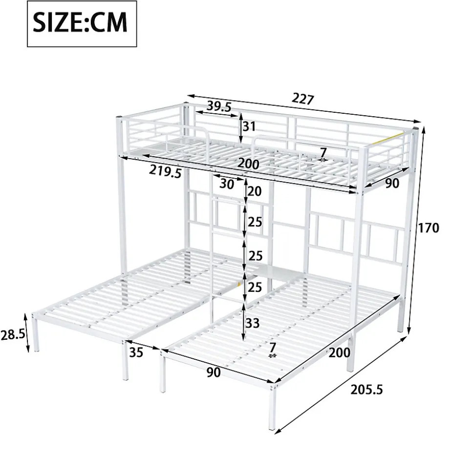 Lit superposé 90x200 cm pour 3 personnes avec échelle intégrée et tablette tête de lit, structure métal blanc
