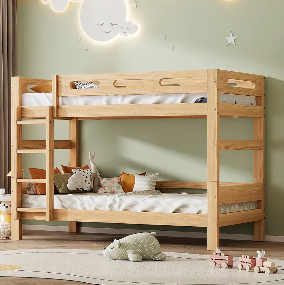 Lit superposé 90x200 cm séparable en 2 lits simples, structure bois massif naturel, montage facile