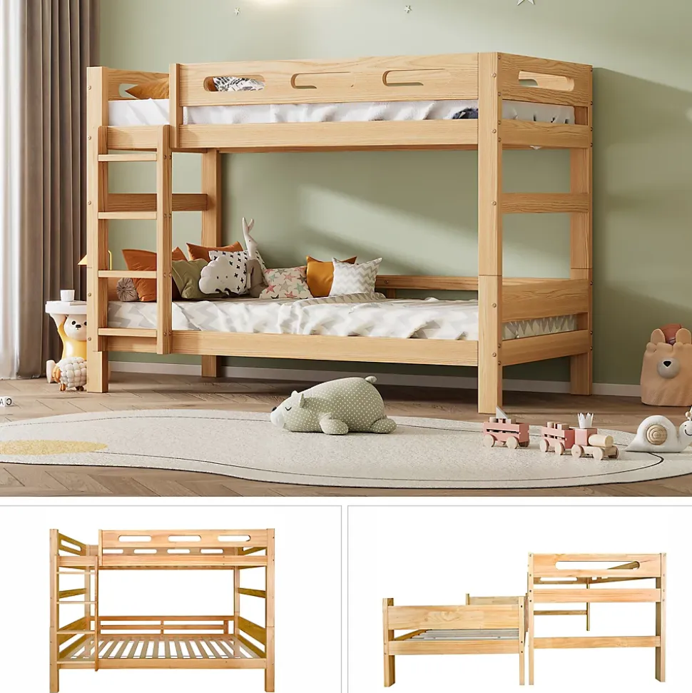 Lit superposé 90x200 cm séparable en 2 lits simples, structure bois massif naturel, montage facile