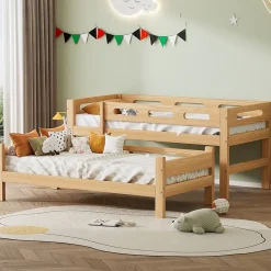 Lit superposé 90x200 cm séparable en 2 lits simples, structure bois massif naturel, montage facile