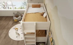 Lit superposé 90x200 cm séparables avec échelle amovible et design luge en bois et métal, blanc