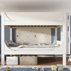 Lit superposé 90x200 cm séparables avec échelle amovible et design luge en bois et métal, blanc