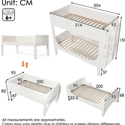 Lit superposé 90x200 cm séparables avec échelle amovible et design luge en bois et métal, blanc