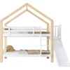 Lit superposé 90x200 cm, toboggan, échelle 3 marches, sécurité, cadre bois blanc,naturel