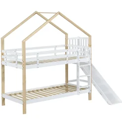 Lit superposé 90x200 cm, toboggan, échelle 3 marches, sécurité, cadre bois blanc,naturel