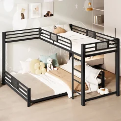 Lit Superposé 90x200 cm/140x200 cm - Lit en L pour 2 Enfants avec Échelle et Rangement, Sans Matelas, en Métal, Noir