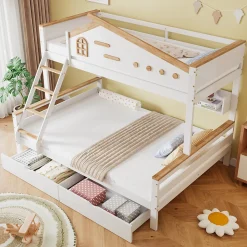 Lit superposé 90x200 et 140x200 cm enfant, 2 tiroirs, échelle et fenêtre, bois pin et MDF blanc et naturel sans matelas