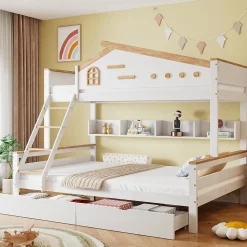 Lit superposé 90x200 et 140x200 cm enfant, 2 tiroirs, échelle et fenêtre, bois pin et MDF blanc et naturel sans matelas