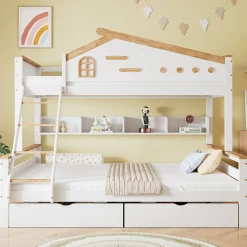 Lit superposé 90x200 et 140x200 cm enfant, 2 tiroirs, échelle et fenêtre, bois pin et MDF blanc et naturel sans matelas