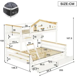 Lit superposé 90x200 et 140x200 cm enfant, 2 tiroirs, échelle et fenêtre, bois pin et MDF blanc et naturel sans matelas