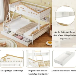 Lit superposé 90x200 et 140x200 cm enfant, 2 tiroirs, échelle et fenêtre, bois pin et MDF blanc et naturel sans matelas