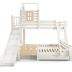 Lit superposé 90x200 et 140x200cm, lit mezzanine pour enfant avec tiroir, toboggan et échelle, design cabane
