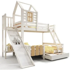 Lit superposé 90x200 et 140x200cm, lit mezzanine pour enfant avec tiroir, toboggan et échelle, design cabane