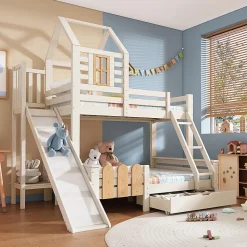 Lit superposé 90x200 et 140x200cm, lit mezzanine pour enfant avec tiroir, toboggan et échelle, design cabane