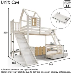 Lit superposé 90x200 et 140x200cm, lit mezzanine pour enfant avec tiroir, toboggan et échelle, design cabane