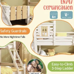 Lit superposé 90x200 et 140x200cm, lit mezzanine pour enfant avec tiroir, toboggan et échelle, design cabane