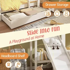 Lit superposé 90x200 et 140x200cm, lit mezzanine pour enfant avec tiroir, toboggan et échelle, design cabane