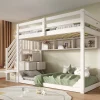 Lit superposé 90x200cm avec escalier de rangement et étagères - 2 tiroirs - Bois massif+panneaux de particules - Blanc