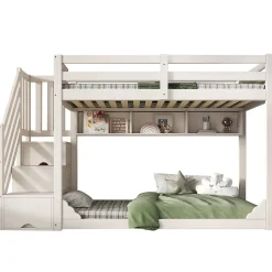 Lit superposé 90x200cm avec escalier de rangement et étagères - 2 tiroirs - Bois massif+panneaux de particules - Blanc