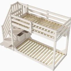 Lit superposé 90x200cm avec escalier de rangement et étagères - 2 tiroirs - Bois massif+panneaux de particules - Blanc