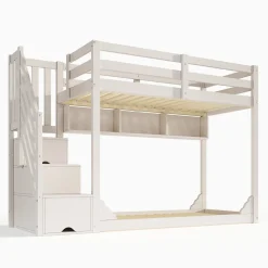 Lit superposé 90x200cm avec escalier de rangement et étagères - 2 tiroirs - Bois massif+panneaux de particules - Blanc