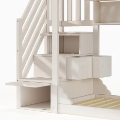 Lit superposé 90x200cm avec escalier de rangement et étagères - 2 tiroirs - Bois massif+panneaux de particules - Blanc