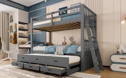 Lit superposé 90x200cm avec lit gigogne et 3 tiroirs, pin MDF, pour enfants, sans matelas, gris