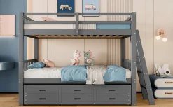 Lit superposé 90x200cm avec lit gigogne et 3 tiroirs, pin MDF, pour enfants, sans matelas, gris