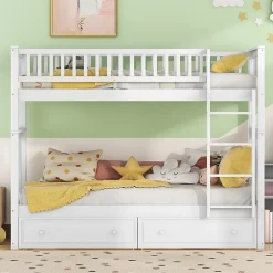 Lit superposé 90x200cm pour enfants avec tiroirs, convertible, fonctionnel, blanc, Lit cabriolet pratique et gain de place