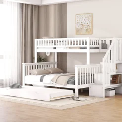 Lit superposé 90x200/140x200 avec sommiers inclus et tiroir gigogne, échelle à rangements, en pin massif blanc