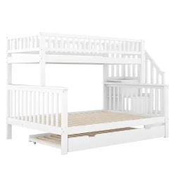 Lit superposé 90x200/140x200 avec sommiers inclus et tiroir gigogne, échelle à rangements, en pin massif blanc