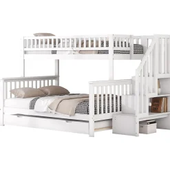 Lit superposé 90x200/140x200 avec sommiers inclus et tiroir gigogne, échelle à rangements, en pin massif blanc