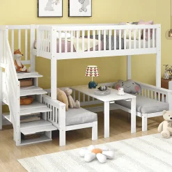 Lit superposé 90x200/120x200 avec table rabattable et escalier de rangement, structure bois/MDF blanc