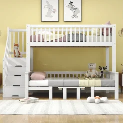 Lit superposé 90x200/120x200 avec table rabattable et escalier de rangement, structure bois/MDF blanc