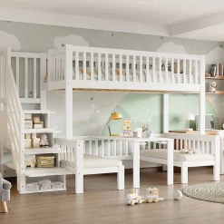 Lit superposé 90x200/120x200 avec table rabattable et escalier de rangement, structure bois/MDF blanc